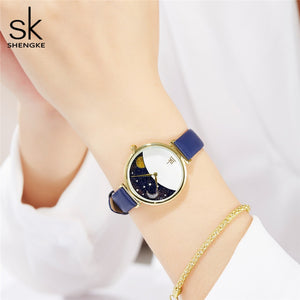 Shengke Fashion Blue Women Watch Quartz Lady Leather Watch For Women Casual Waterproof Wristwatch Romantic Moon Stars Dial