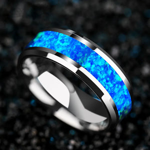 2023 New Luxury 8mm Tungsten Steel Ring Inlaid Blue Opal Wedding Ring Men's Never Faded Engagement Promise Jewelry Gift