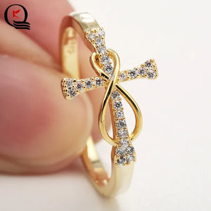 Classical Elegant Gold Color Cross Inlay White Crystal Finger Ring Women Engagement Wedding Party Jewelry Gift