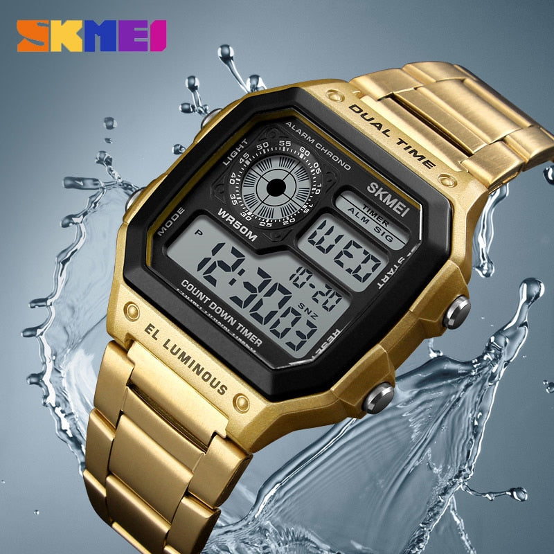 SKMEI Brand Digital Watch Men Golden Stainless Steel Wristwatches Man Military Clock Relogio Masculino Business Men Watches