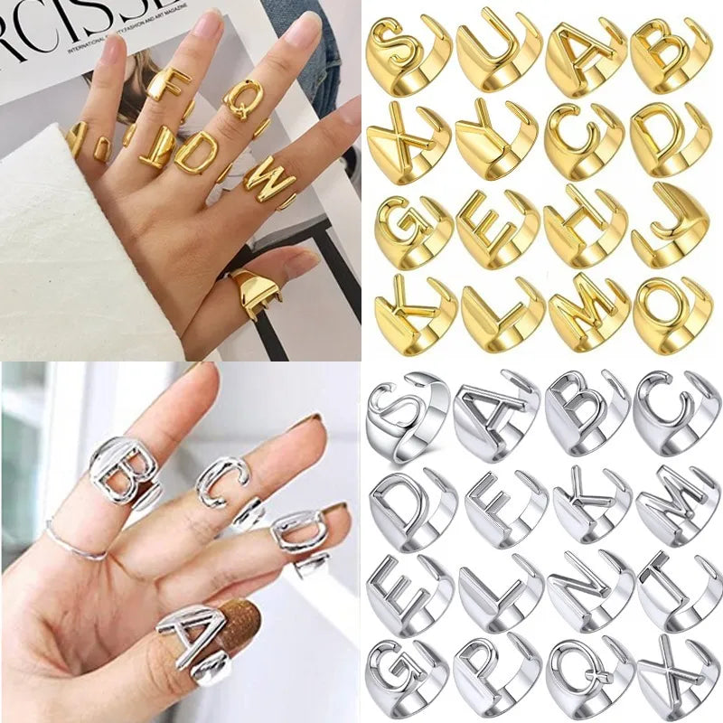 Chunky Wide Hollow A-Z Letter 3Colors Metal Adjustable Opening Ring Initials Name Alphabet Female Party Fashion Jewelry