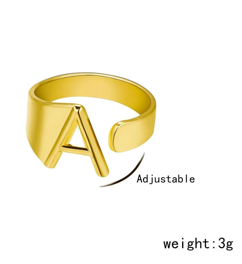 Chunky Wide Hollow A-Z Letter 3Colors Metal Adjustable Opening Ring Initials Name Alphabet Female Party Fashion Jewelry