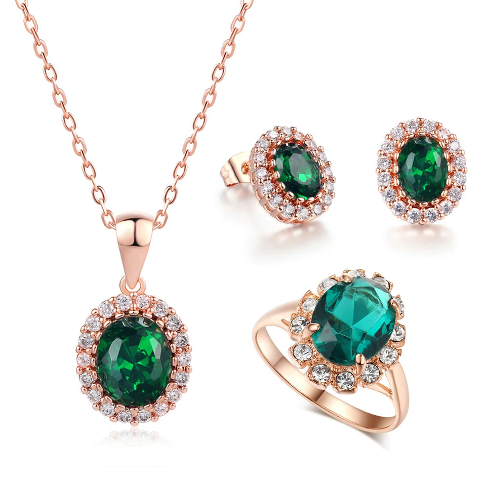 Wedding Jewelry Set For Women Rose Gold Color Created Green Austrian Crystal With 3 Pcs Ring + Necklace + Eearrings ZYS107