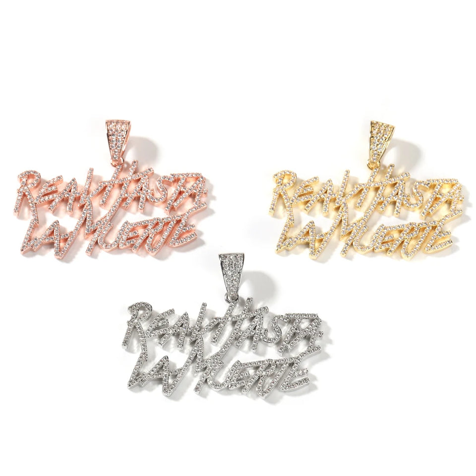 UWIN Cursive Font Real Hasta La Muerte Letters Pendant Necklaces For Men Iced Out Cubic Zircon Charms Fashion Jewelry for Gift