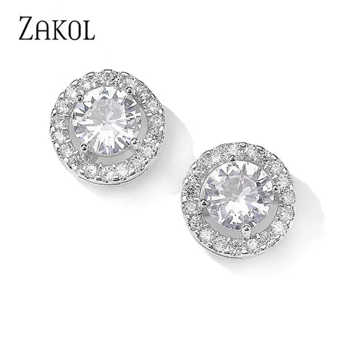 ZAKOL Fashion White Color Hearts & Arrows Stud Earrings For Women Wedding Elegant AAA Zircon Crystal Round Jewelry FSEP038