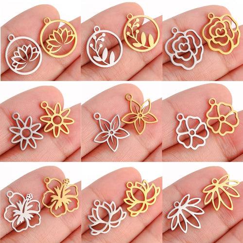 5Pcs/Lot Hollow Flower Charms Stainless Steel Lotus/Rose/Sakura Pendants Lucky Amulet Diy Earrings Necklace Craft Jewelry Making