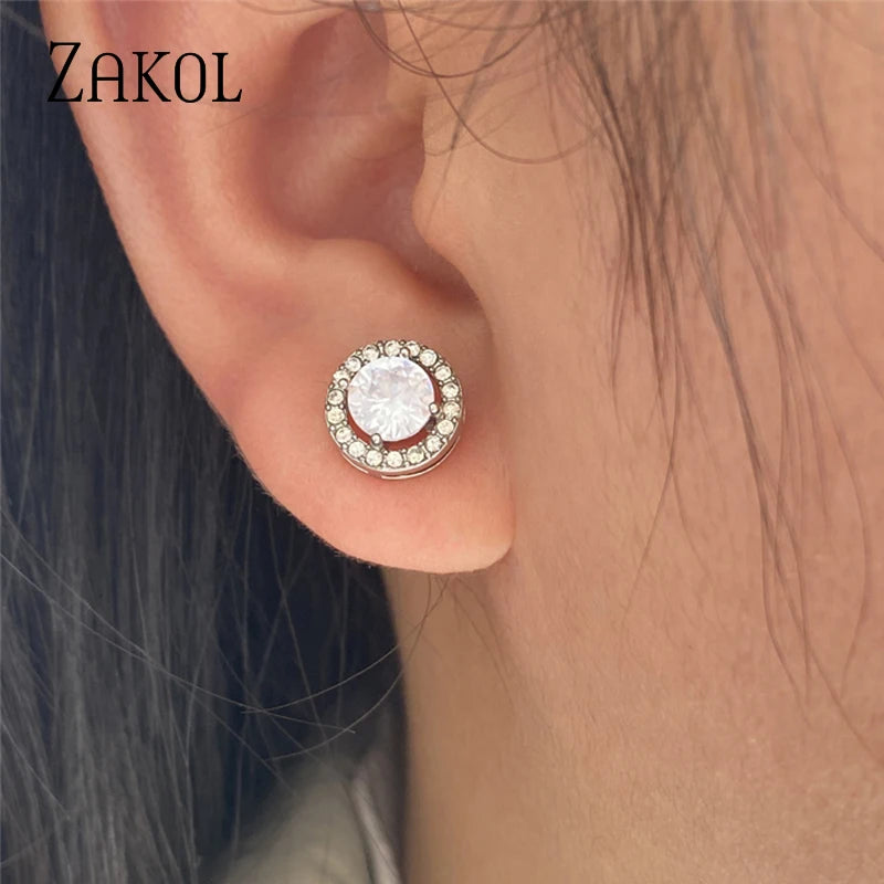 ZAKOL Fashion White Color Hearts & Arrows Stud Earrings For Women Wedding Elegant AAA Zircon Crystal Round Jewelry FSEP038