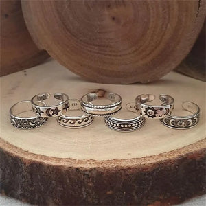 7pcs Retro Hollow Carved Star Moon Toe Rings Adjustable Opening Finger Ring for Women Boho Beach Foot Ring Jewelry