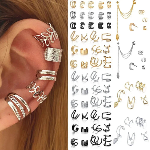 Silver Color Leaves Clip Earrings for Women Men Creative Simple C Ear Cuff Non-Piercing Ear Ear Clip Set Trend Jewelry Gift