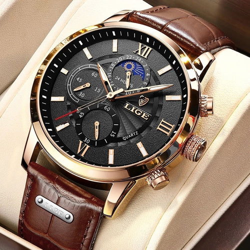2023 New Mens Watches LIGE Top Brand Luxury Leather Casual Quartz Watch Men's Sport Waterproof Clock Watch Relogio Masculino+Box