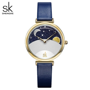 Shengke Fashion Blue Women Watch Quartz Lady Leather Watch For Women Casual Waterproof Wristwatch Romantic Moon Stars Dial