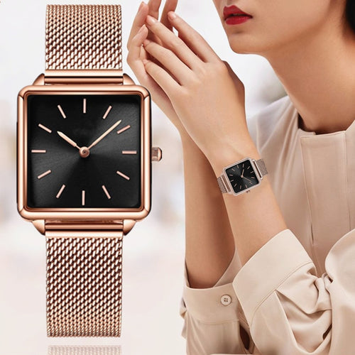 Reloj Mujer Luxury Women Watches Rose Gold Simple Magnetic Mesh Belt Band Watch Women's Fashion Square Wristwatch Zegarek Damski