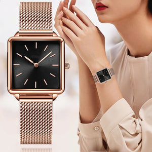 Reloj Mujer Luxury Women Watches Rose Gold Simple Magnetic Mesh Belt Band Watch Women&#39;s Fashion Square Wristwatch Zegarek Damski