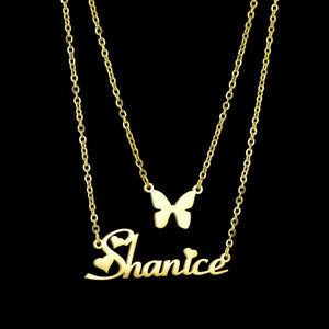 Goxijite Double Layer Name Necklace For Female Personalized Butterfly Initial Name 2 Layers Necklaces For Lover Jewelry Gift