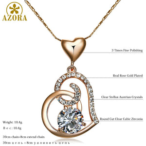 AZORA Rose Gold Color Clear Stellux Austrian Crystals Double Heart Pendant Necklace for Valentine's Day Gift of Love TN0009