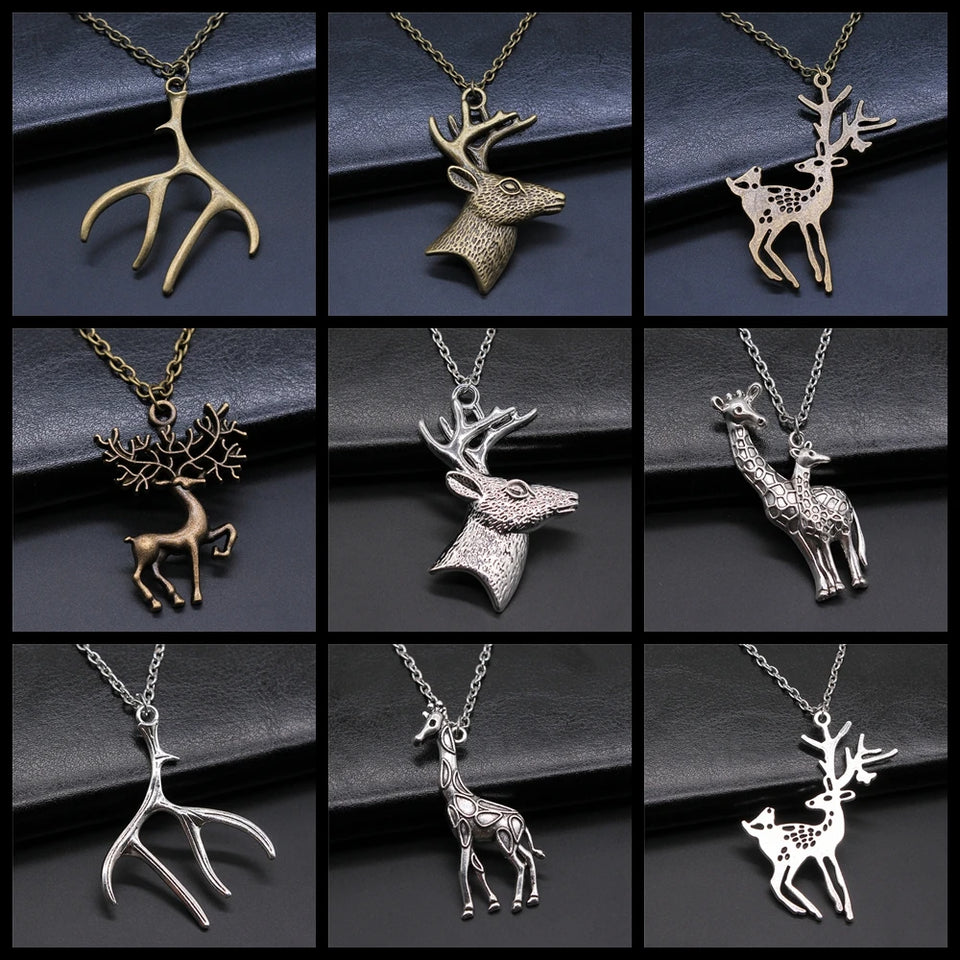 Christmas Jewelry Gift Simple Deer Antlers Giraffe Pendant Necklace For Kids Metal Chain Vintage Style Xmas Jewelry Gift