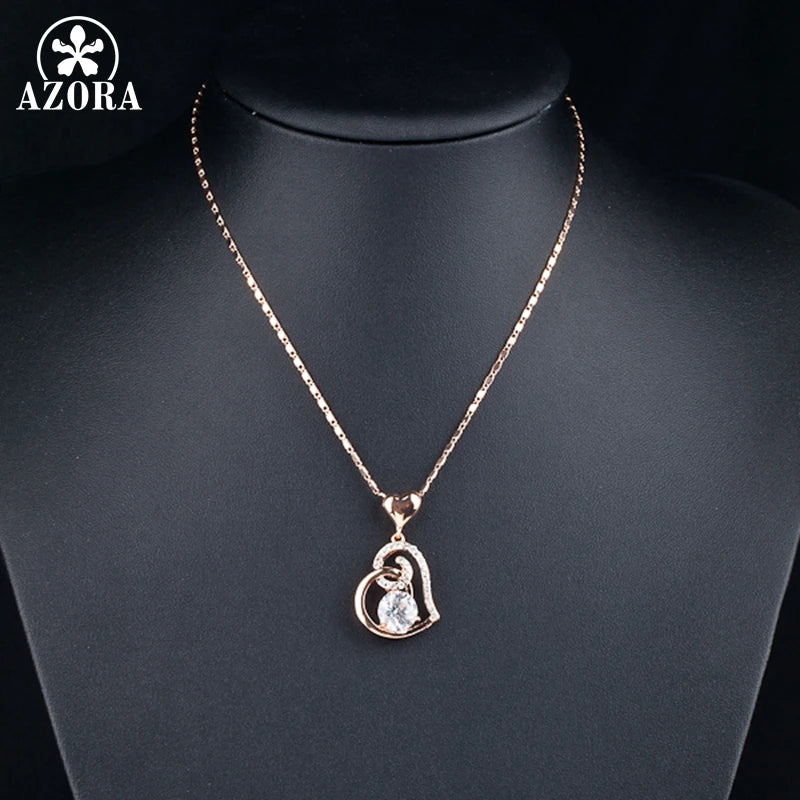 AZORA Rose Gold Color Clear Stellux Austrian Crystals Double Heart Pendant Necklace for Valentine's Day Gift of Love TN0009