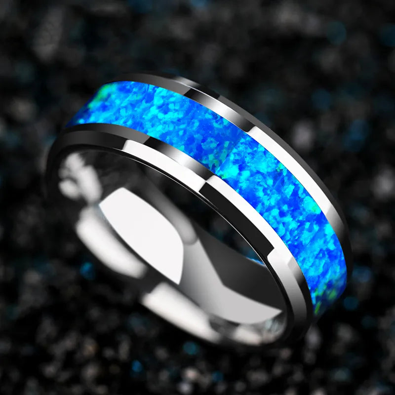 2023 New Luxury 8mm Tungsten Steel Ring Inlaid Blue Opal Wedding Ring Men's Never Faded Engagement Promise Jewelry Gift