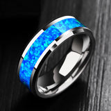 2023 New Luxury 8mm Tungsten Steel Ring Inlaid Blue Opal Wedding Ring Men's Never Faded Engagement Promise Jewelry Gift