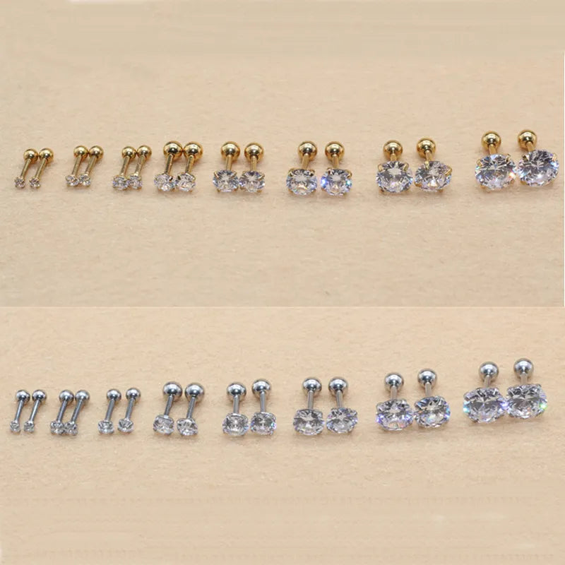 All Size 2mm to 8mm Screw-back Stud Earrings 316l Stainless Steel Classical AAA Round White Zircon Earring No Fade Allergy Free