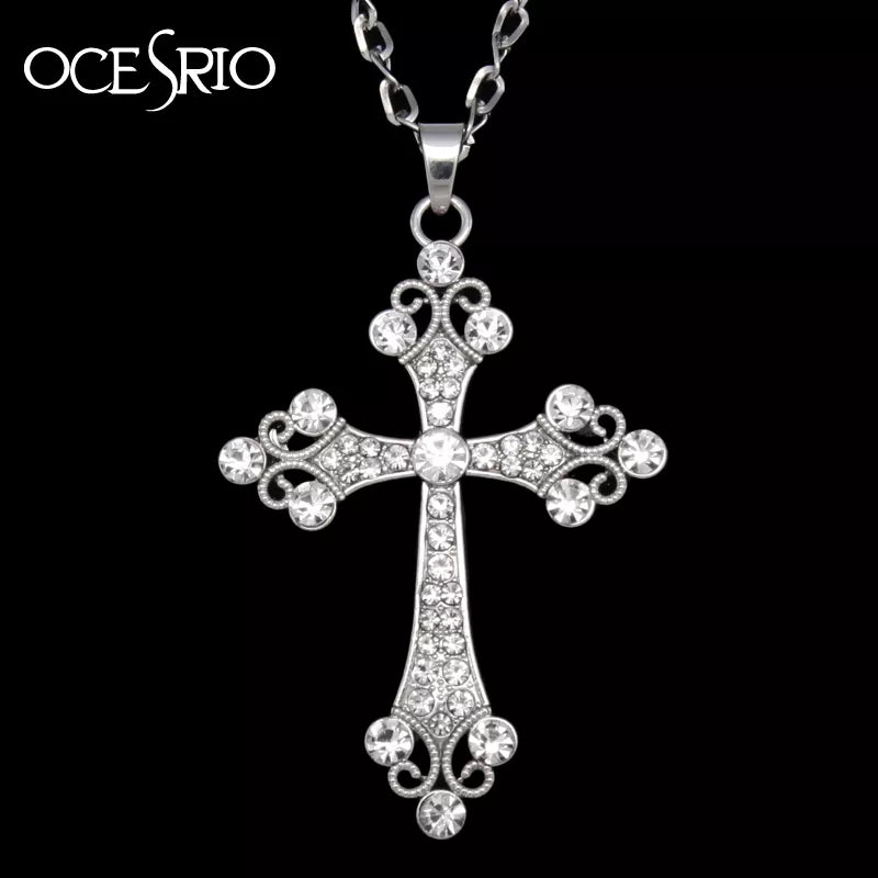 Big Silver Color Cross Pendant Necklace Crystal Rhinestone Long Chain Necklace for Women Hip Hop Fashion Jewelry nke-h77