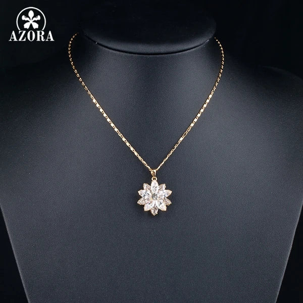 AZORA Sunflow Design Gold Color Gold Stellux Austrian Crystals Paved Pendant Necklace TN0003