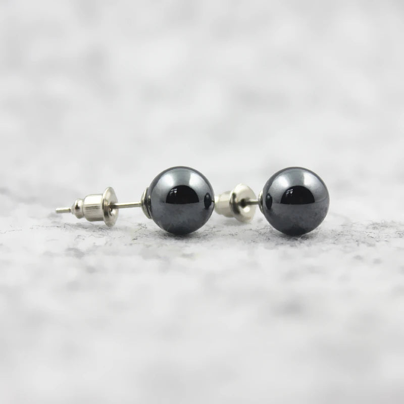 3A Grade 6mm 8mm 10mm Round Hematite Beads Stud Earrings Nickel Free (3 Pairs)  HE1000