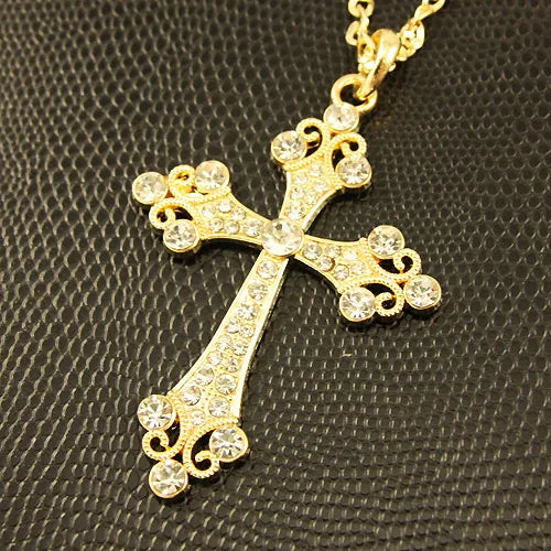 Big Silver Color Cross Pendant Necklace Crystal Rhinestone Long Chain Necklace for Women Hip Hop Fashion Jewelry nke-h77