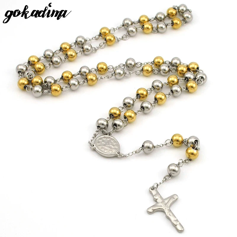 Gokadima 8mm,Christmas Religious Jewelry Catholic, Stainless Steel Necklace Cross for Men Beads Rosary Necklace WRN03