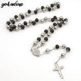 Gokadima 8mm,Christmas Religious Jewelry Catholic, Stainless Steel Necklace Cross for Men Beads Rosary Necklace WRN03