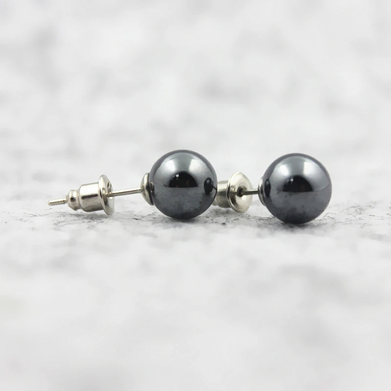 3A Grade 6mm 8mm 10mm Round Hematite Beads Stud Earrings Nickel Free (3 Pairs)  HE1000