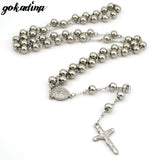 Gokadima 8mm,Christmas Religious Jewelry Catholic, Stainless Steel Necklace Cross for Men Beads Rosary Necklace WRN03