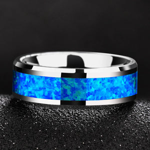 2023 New Luxury 8mm Tungsten Steel Ring Inlaid Blue Opal Wedding Ring Men's Never Faded Engagement Promise Jewelry Gift