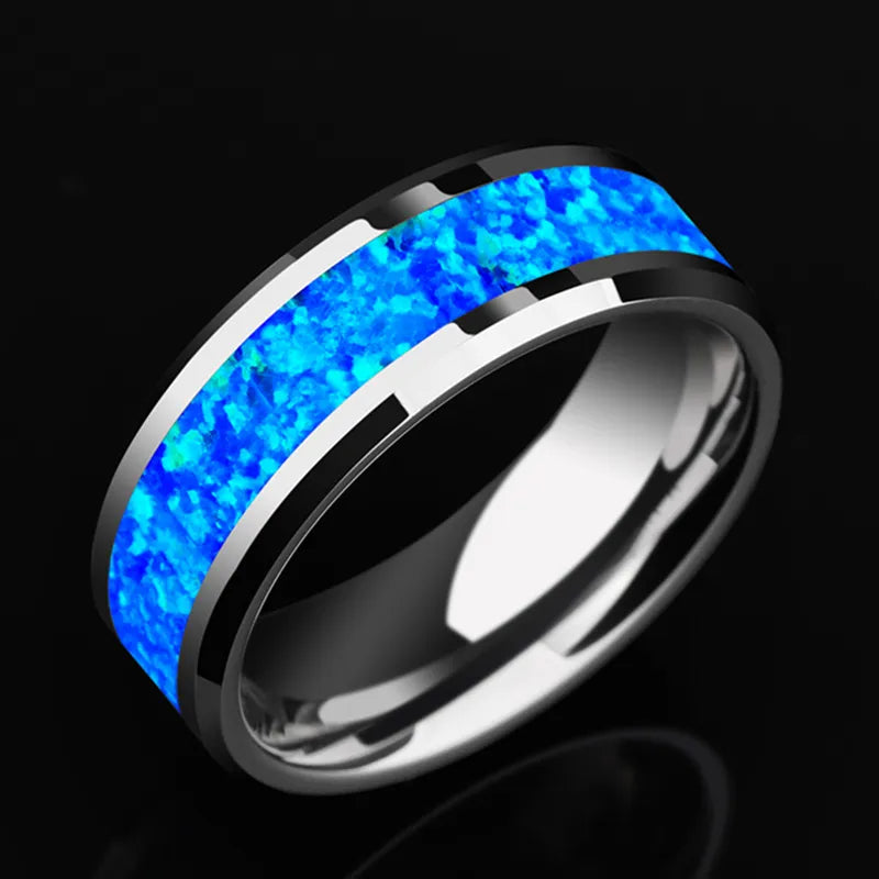 2023 New Luxury 8mm Tungsten Steel Ring Inlaid Blue Opal Wedding Ring Men's Never Faded Engagement Promise Jewelry Gift