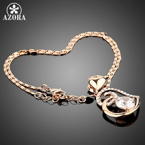 AZORA Rose Gold Color Clear Stellux Austrian Crystals Double Heart Pendant Necklace for Valentine's Day Gift of Love TN0009