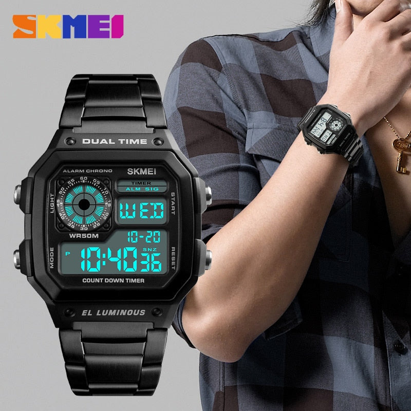 SKMEI Brand Digital Watch Men Golden Stainless Steel Wristwatches Man Military Clock Relogio Masculino Business Men Watches