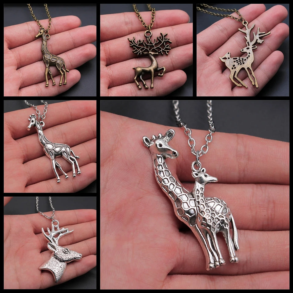 Christmas Jewelry Gift Simple Deer Antlers Giraffe Pendant Necklace For Kids Metal Chain Vintage Style Xmas Jewelry Gift