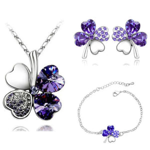 Crystal Clover 4 Leaf leaves heart pendant Jewelry sets necklace earrings bracelet women lovers cute romantic gifts summer party