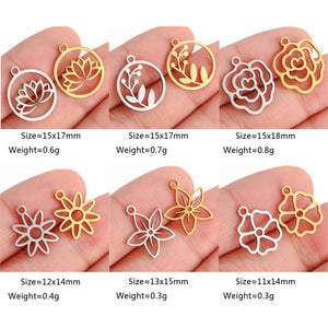 5Pcs/Lot Hollow Flower Charms Stainless Steel Lotus/Rose/Sakura Pendants Lucky Amulet Diy Earrings Necklace Craft Jewelry Making