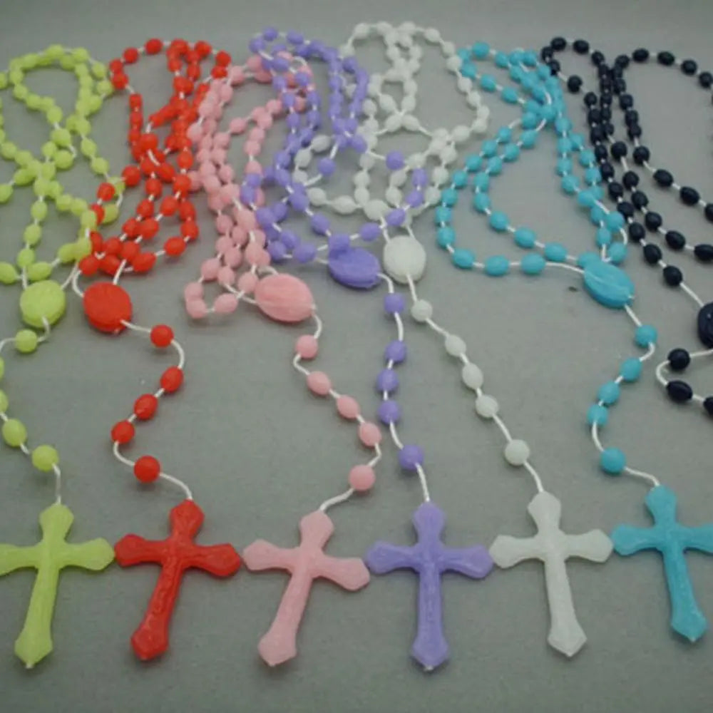 Luminous Cross Necklace Religious Catholic Jewelry Plastic Luminous Rosary Necklace For Men and Women