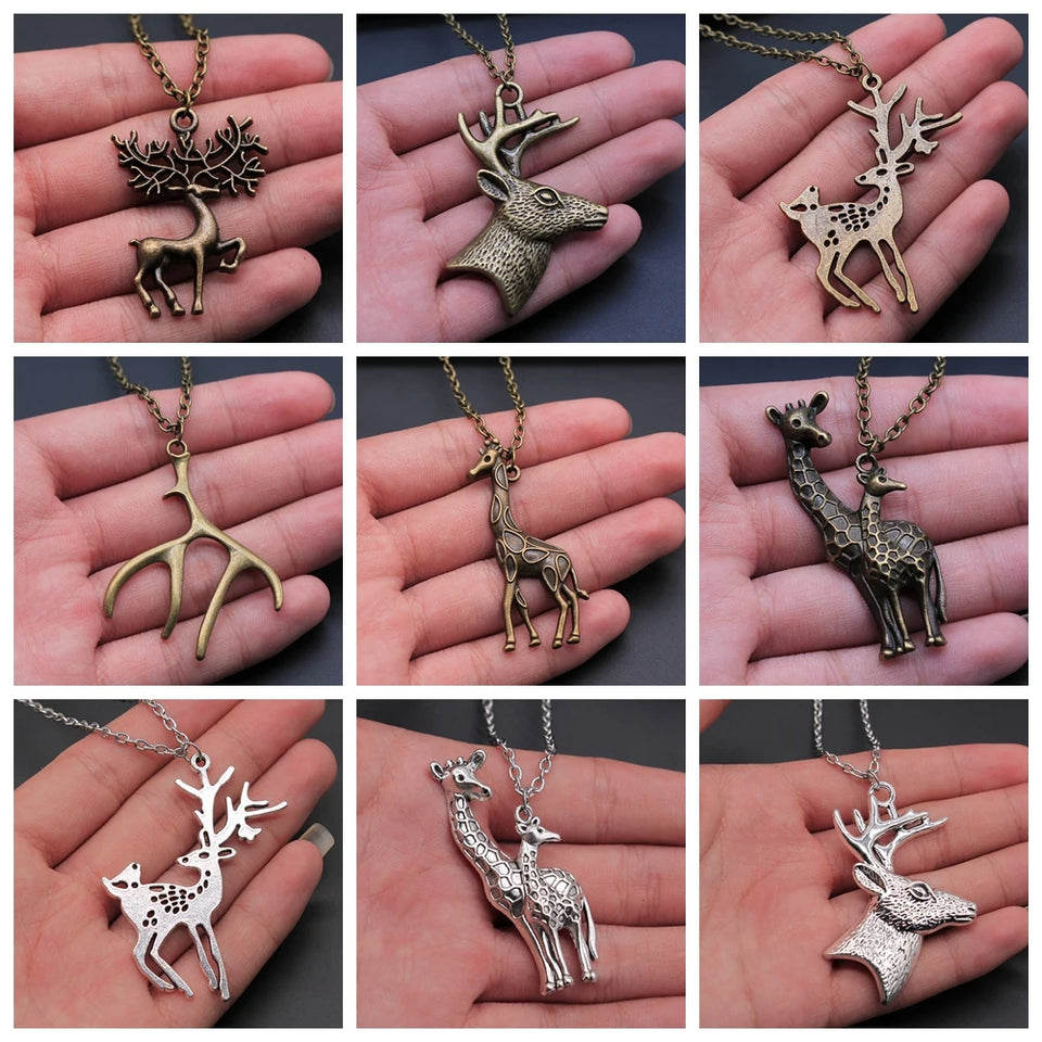 Christmas Jewelry Gift Simple Deer Antlers Giraffe Pendant Necklace For Kids Metal Chain Vintage Style Xmas Jewelry Gift