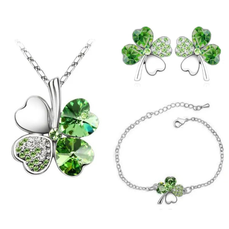 Crystal Clover 4 Leaf leaves heart pendant Jewelry sets necklace earrings bracelet women lovers cute romantic gifts summer party