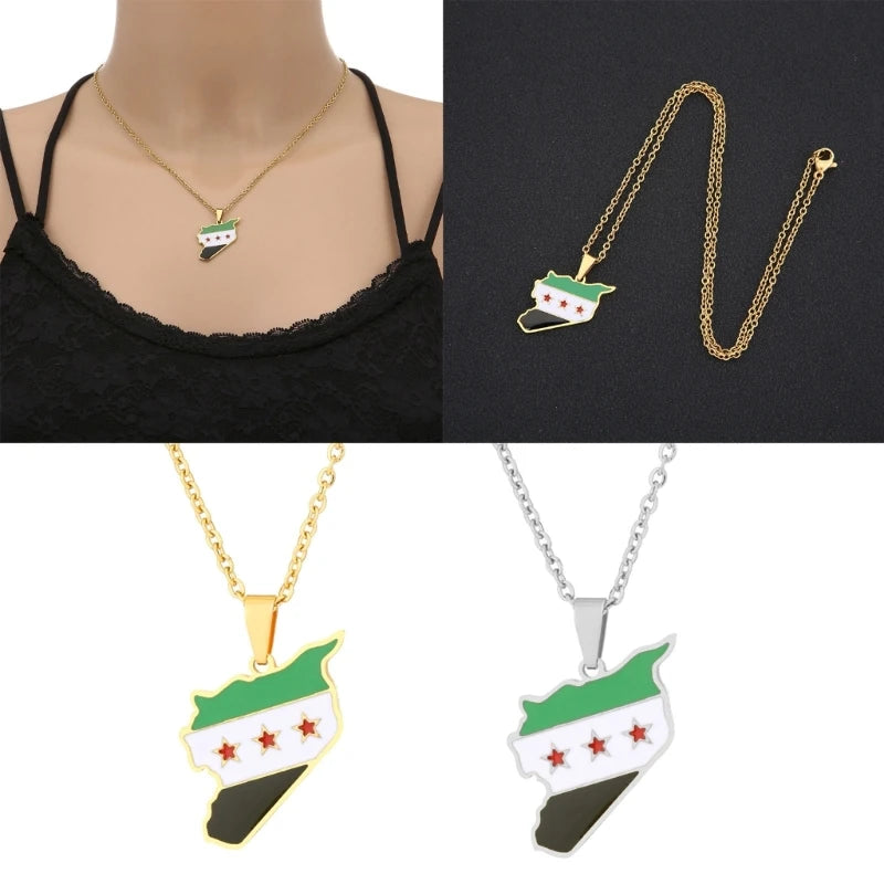 28TF Unisex Syria Country Map Flag Pendant Necklace Gold Silver Color Chain Choker Necklace Jewelry Christmas Party Ornament