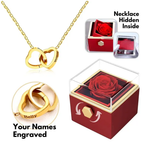 Custom Double Heart engraved Name Steel Necklace Eternal Rose box for Women Valentine's Day Gift 2024