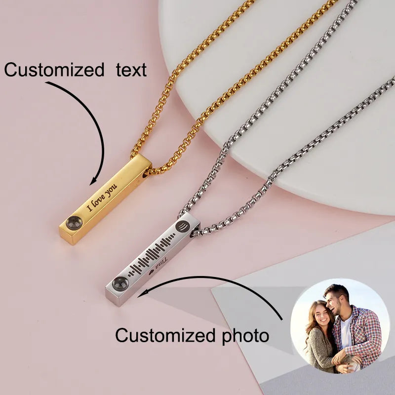 Custom Projection Photo Bar Necklace Personalized Text Memorial Gift for Him Dad Boyfriend Gift Jewelry 2023