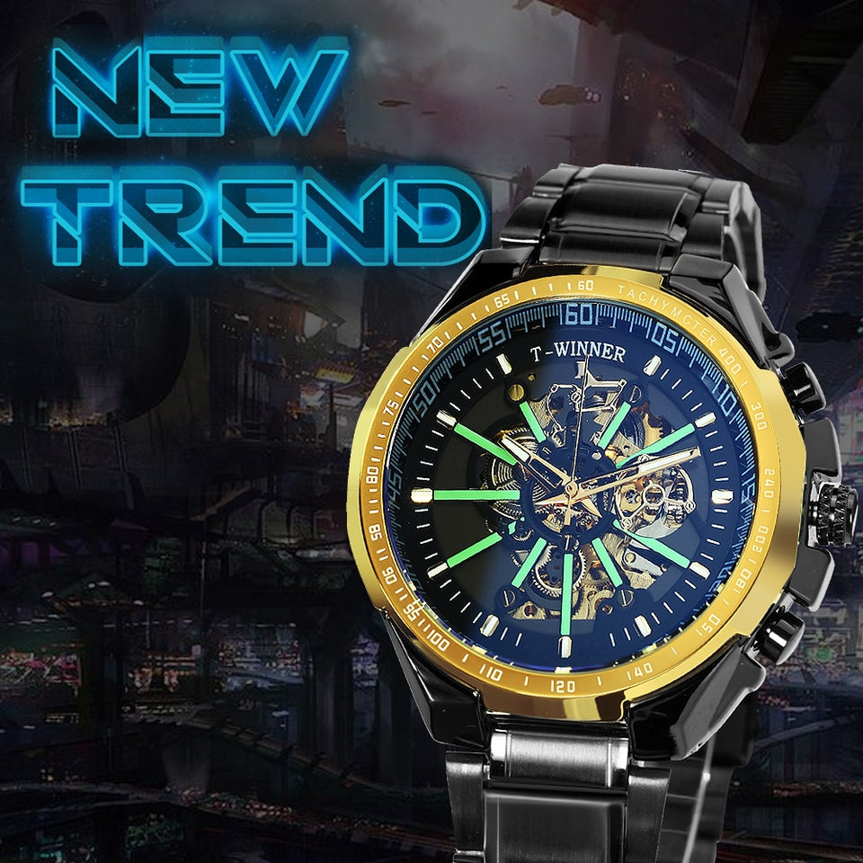 Automatic Mechanical Gold Watch Men Big Case Luxury Fashion Skeleton Luminous Military Business